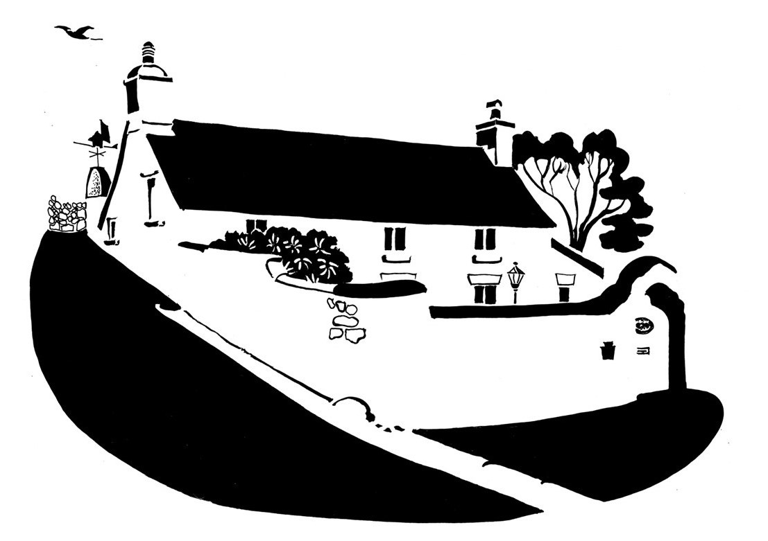 Black and white image of an old cottage