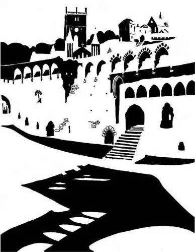 Black and white image of a ruined medieval palace