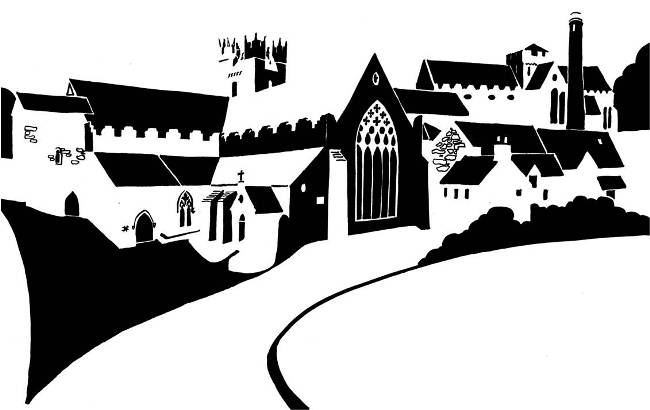 Black and white image of medieval churches