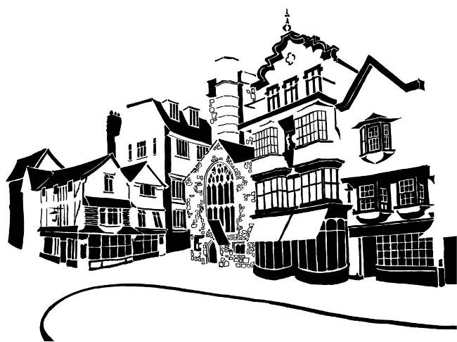Black and white image of elaborate historic buildings