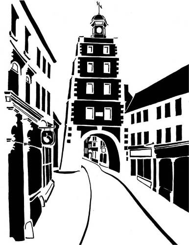 Black and white image of clock tower spanning town street