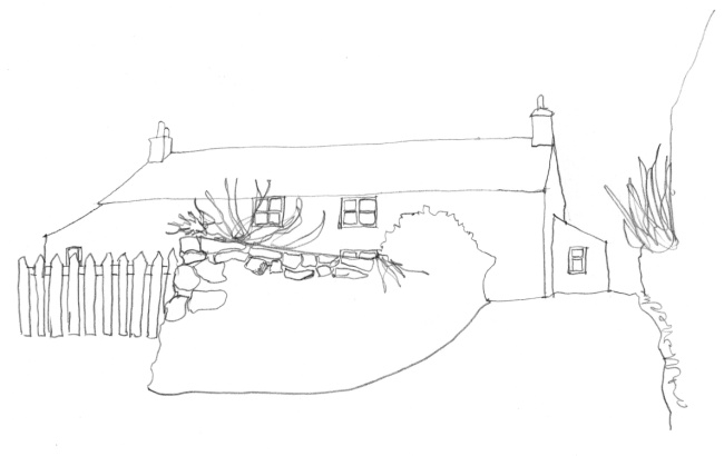 Pencil-line drawing image of long Welsh cottage