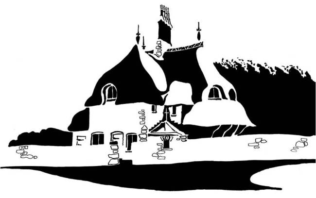 Black and white image of elaborate thatched cottage