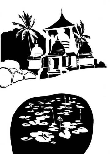 Black and white image of shrine and lotus pond