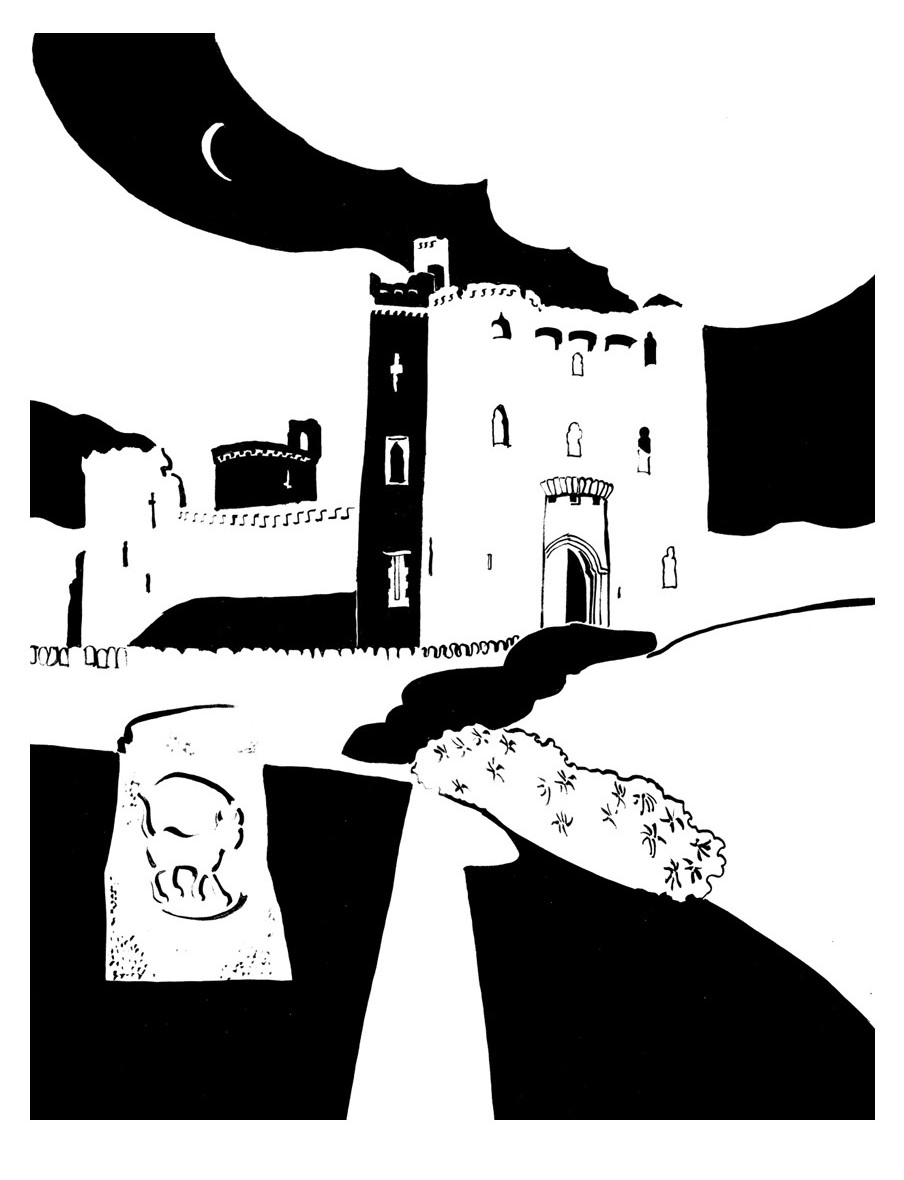 Black and white nighttime image of castle gatehouse