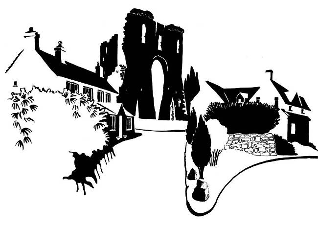 Black and white image of ruined castle gatehouse and adjoining houses