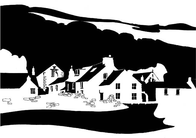 Black and white image of houses in lee of a hill