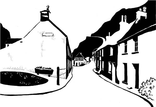 Black and white image of cottages on narrow street against steep hill