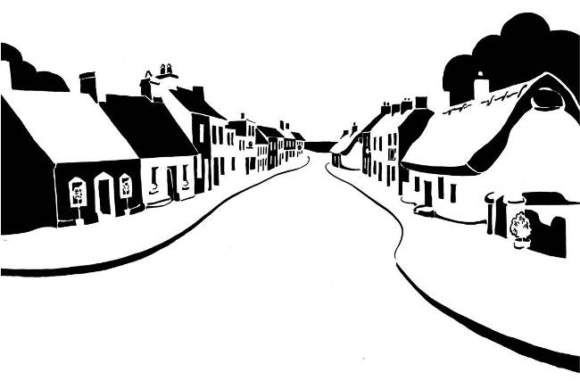 Black and white image of low street houses