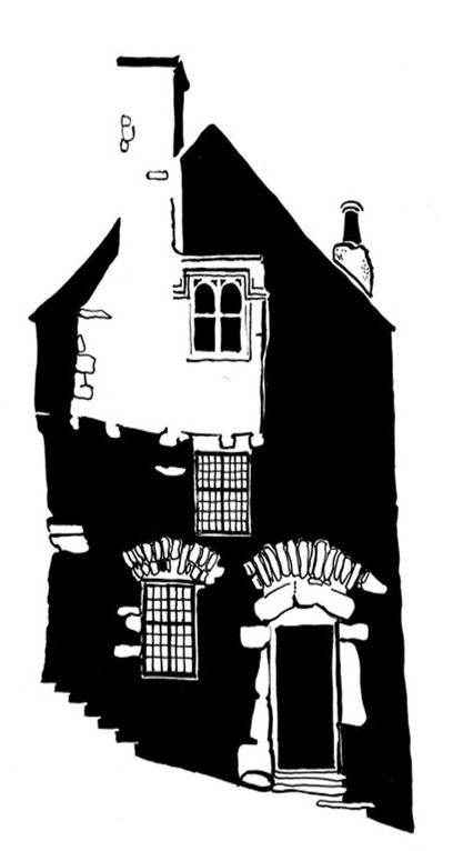Black and white image of Tudor stone house