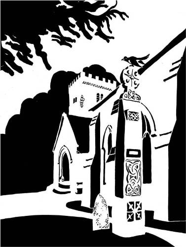 Black and white image of Celtic cross next to church