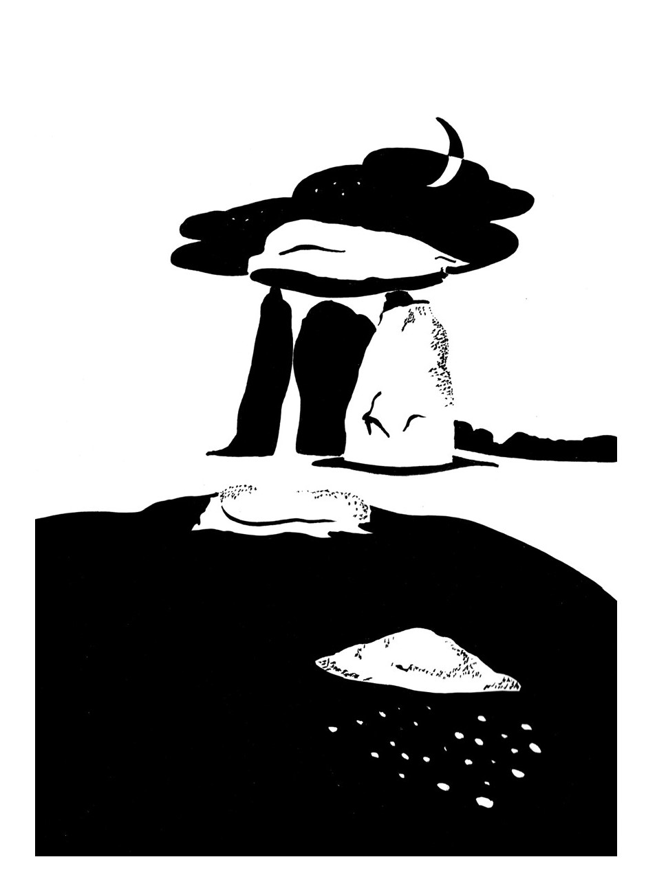 Black and white image of Stone Age cromlech