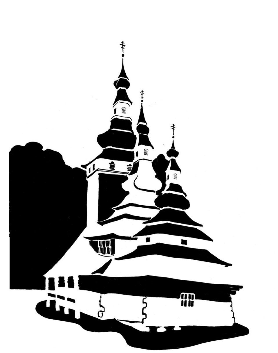 Black and white image of Russian timber church