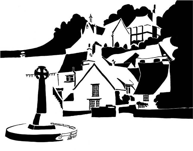 Black and white image of Celtic cross and hillside village