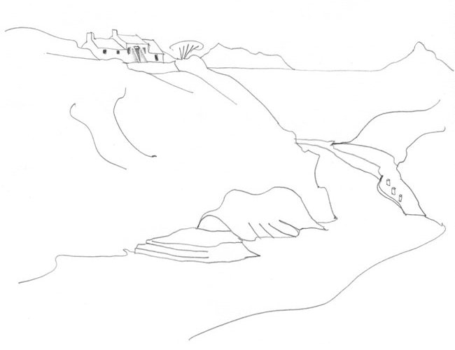 Pencil-line drawing of narrow harbour inlet