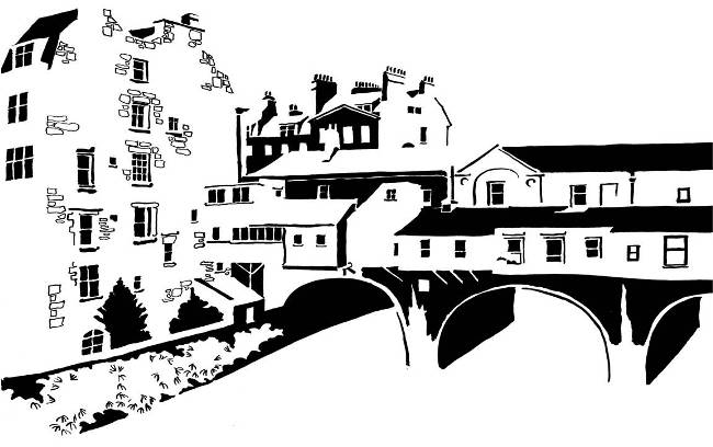 Black and white image of Georgian bridge with houses on it