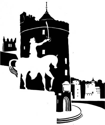 Black and white image of medieval tower and equestrian statue