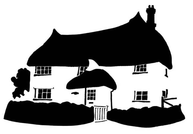 Black and white image of thatched cottage with pointed roofs