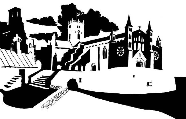 Black and white image of medieval cathedral with stream ford