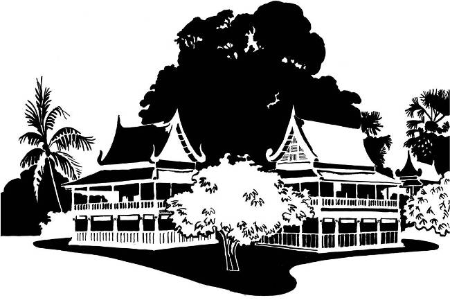 Black and white image of twinned Thai pavilions