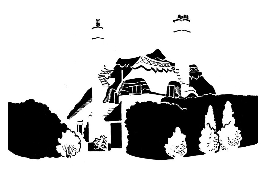 Black and white image of thatched cottage with tall chimneys