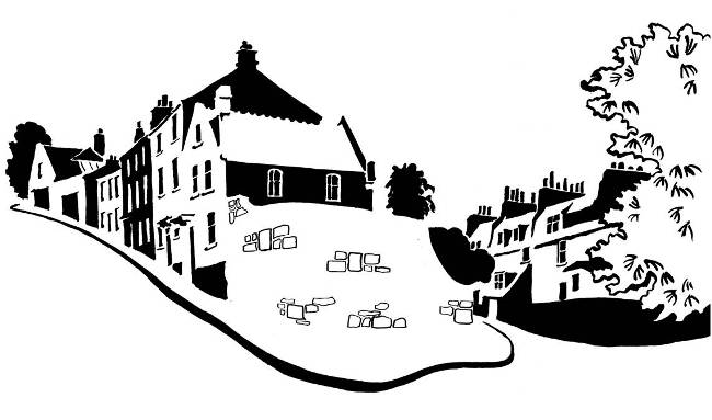 Black and white image of medieval street houses with Georgian houses behind