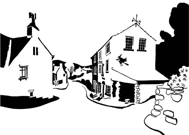 Black and white image of hillside village with witch wall painting