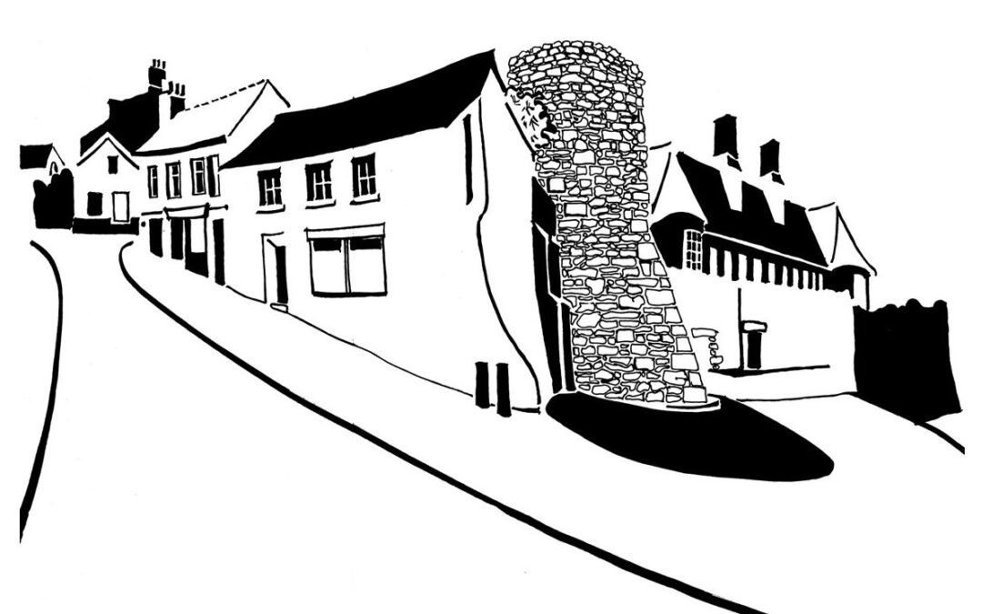Black and white image of houses and town walls